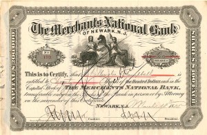 Merchants National Bank of Newark, N.J. - Banking Stock Certificate